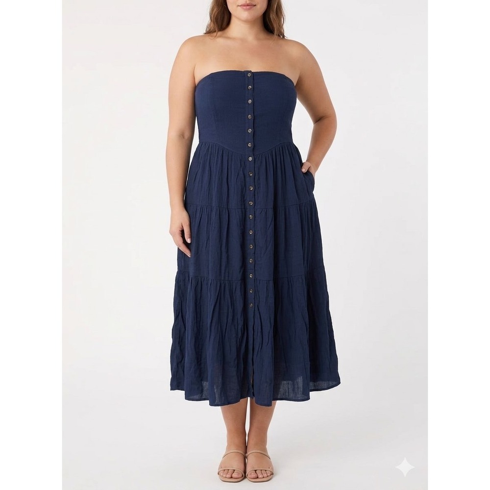Lulus Navy Blue Strapless Button Front Tiered Midi Dress XL Smocked Back Coastal